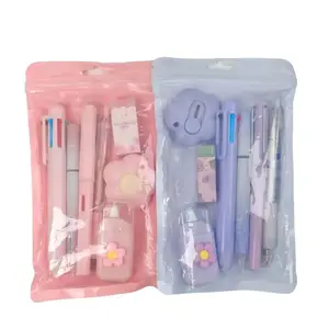 2-Pack Cute Stationery Kit in Pink & Purple | 7-in-1 Retractable Multicolor Gel Pen Set, No-Leak Ink, Ergonomic Comfort Grip, Smooth Writing Durable Ballpoint Markers for Student School Daily Use