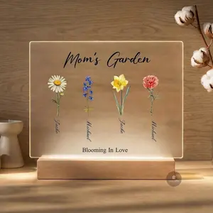 Custom Mom's Garden Personalized Birth Flowers Plaque with Names Mother's Day Gifts Birthday Gift Ideas for Mom Grandma Night Light Room Decor