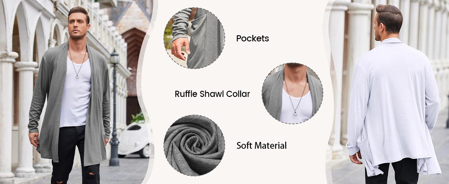Coofandy Men's Black Ruffle Shawl Collar Cardigan Open Front Lightweight Long Length Drape Cape with Pockets Casual Fashionable Long Sleeve Tops