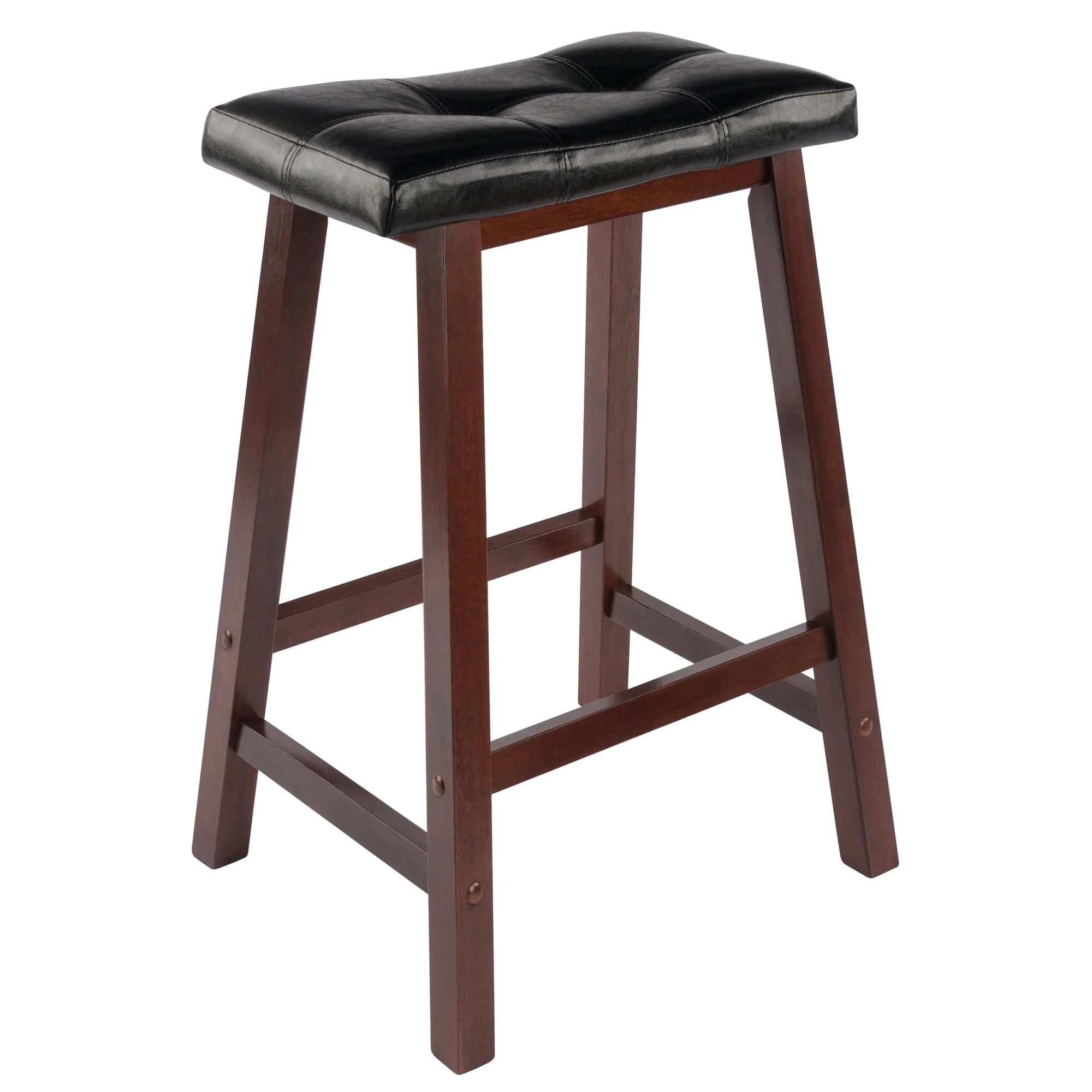 Wood Cushion Saddle Seat Counter Stool, Black & Walnut ，Modern Backless Upholstered Kitchen Counter Bar Stool