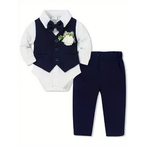5pcs Baby Boys Infant Long Sleeve Gentleman Suit Suit Baby Boys Holiday Party Wedding Dress Bodysuit, Vest, Pants, Bow Tie, Corsage 0-18m Soft And Comfortable Cotton Toddler Clothing
