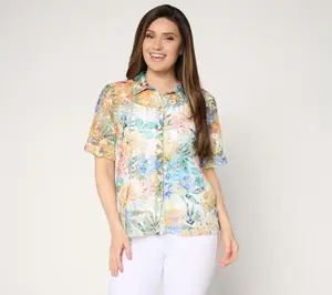 Susan Graver Printed Lace Button Front Camp Shirt