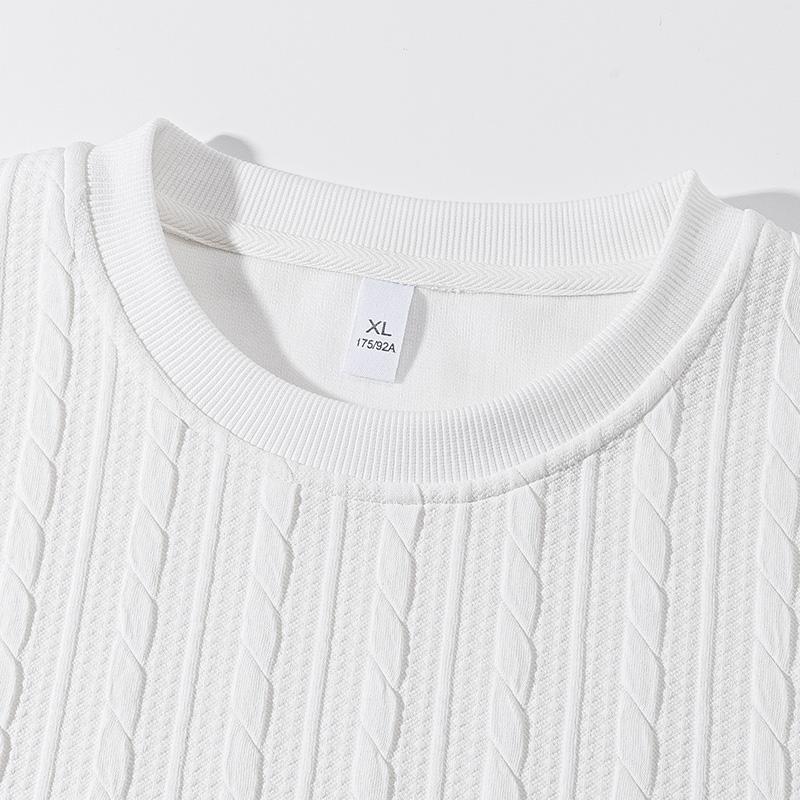 Men's Jacquard Cable Knit Round Neck Sweatshirt, Solid Color Casual Loose Long Sleeve T-Shirt, Made from High-Quality Fabric, Comfortable Base Shirt, Suitable for Home Wear and Everyday Use, Plus Size Sports T-Shirt