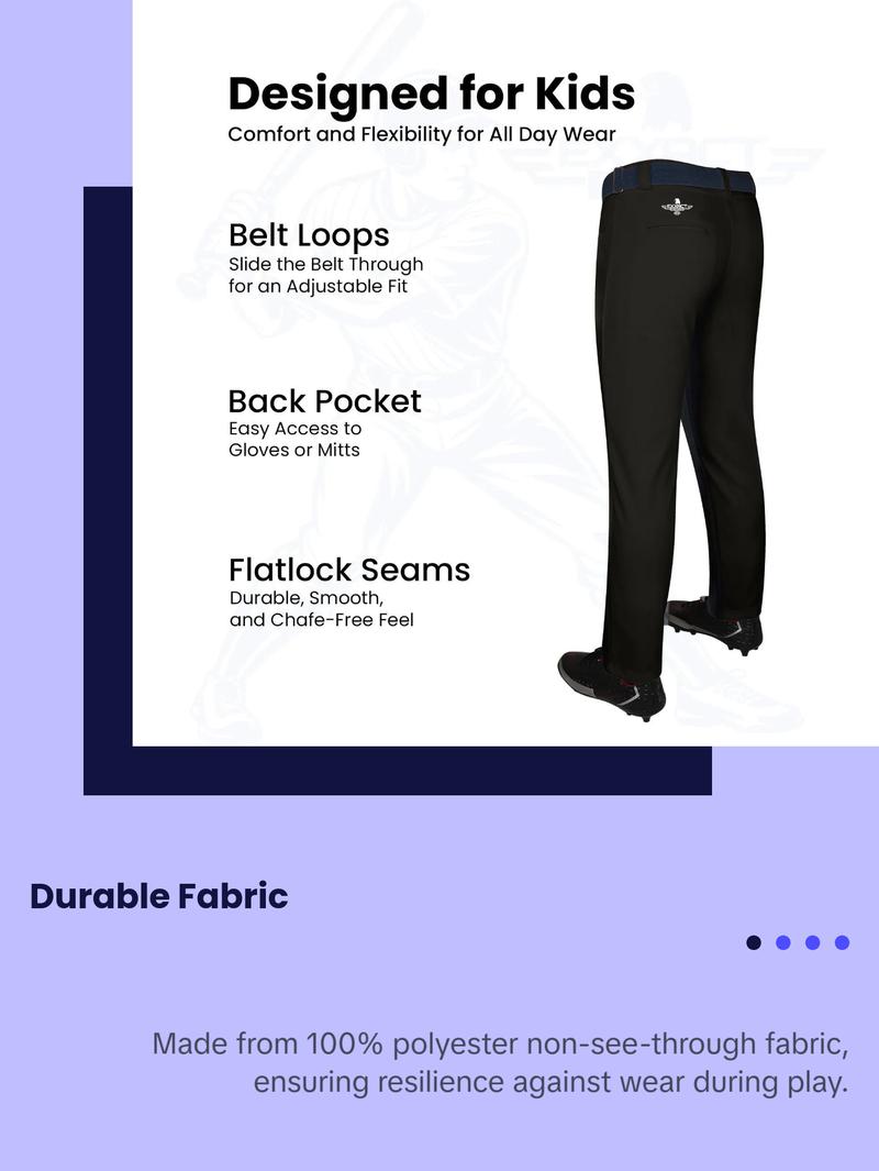 Exxact Sports Pull-Up Youth Baseball Pants with Adjustable Drawstring, Full-Length, No-Fly, Open Bottom Boys Baseball Pants (Black)