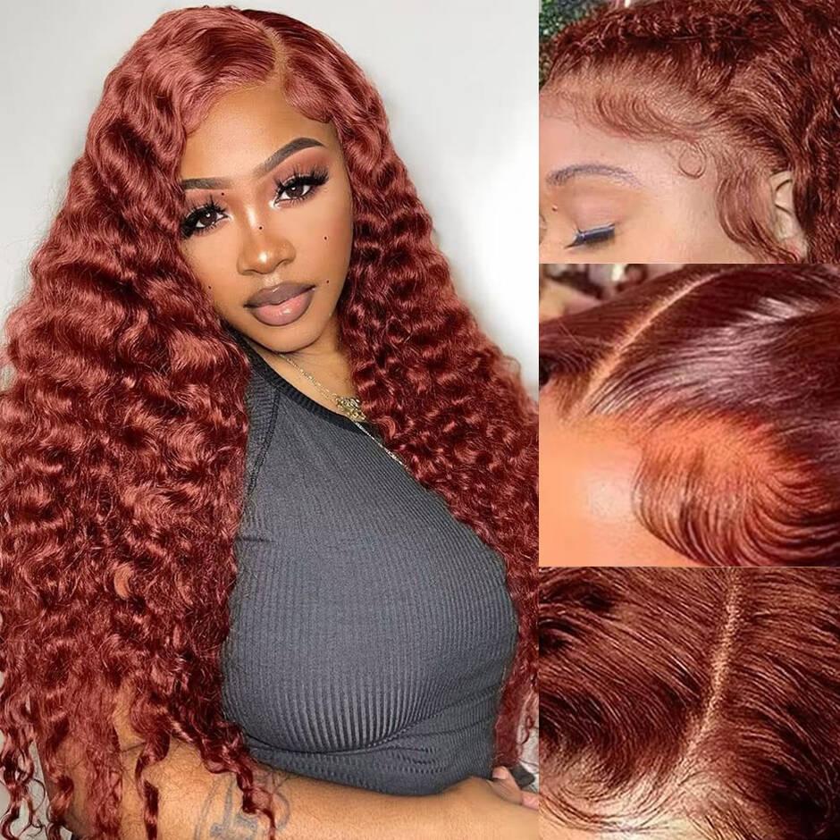 YAWAWE Hair Water Wave Reddish Brown Wear Go Glueless Wig with Drawstring Effortless Install 13x6 Lace Frontal Wigs Pre-plucked Pre-bleached Transparent Lace Wigs Human Hair for Women