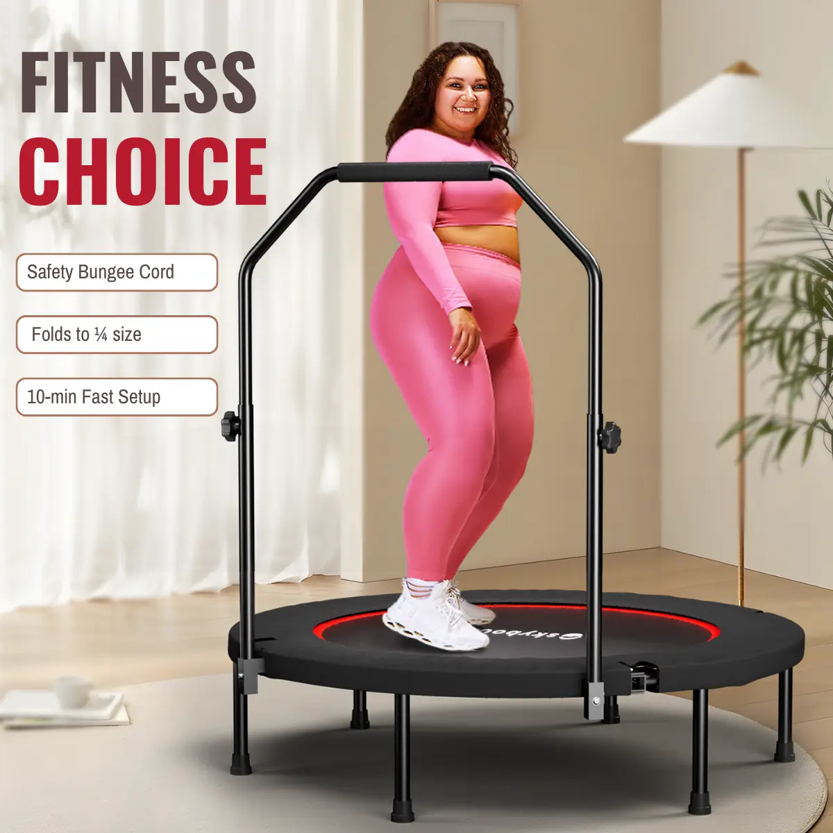 40-Inch Foldable Rebounder Trampoline for Adults with Silent Bungees, Adjustable Handle Bar, Compact Design for Indoor/Outdoor Fitness, Outdoor Exercise & Recreational Use