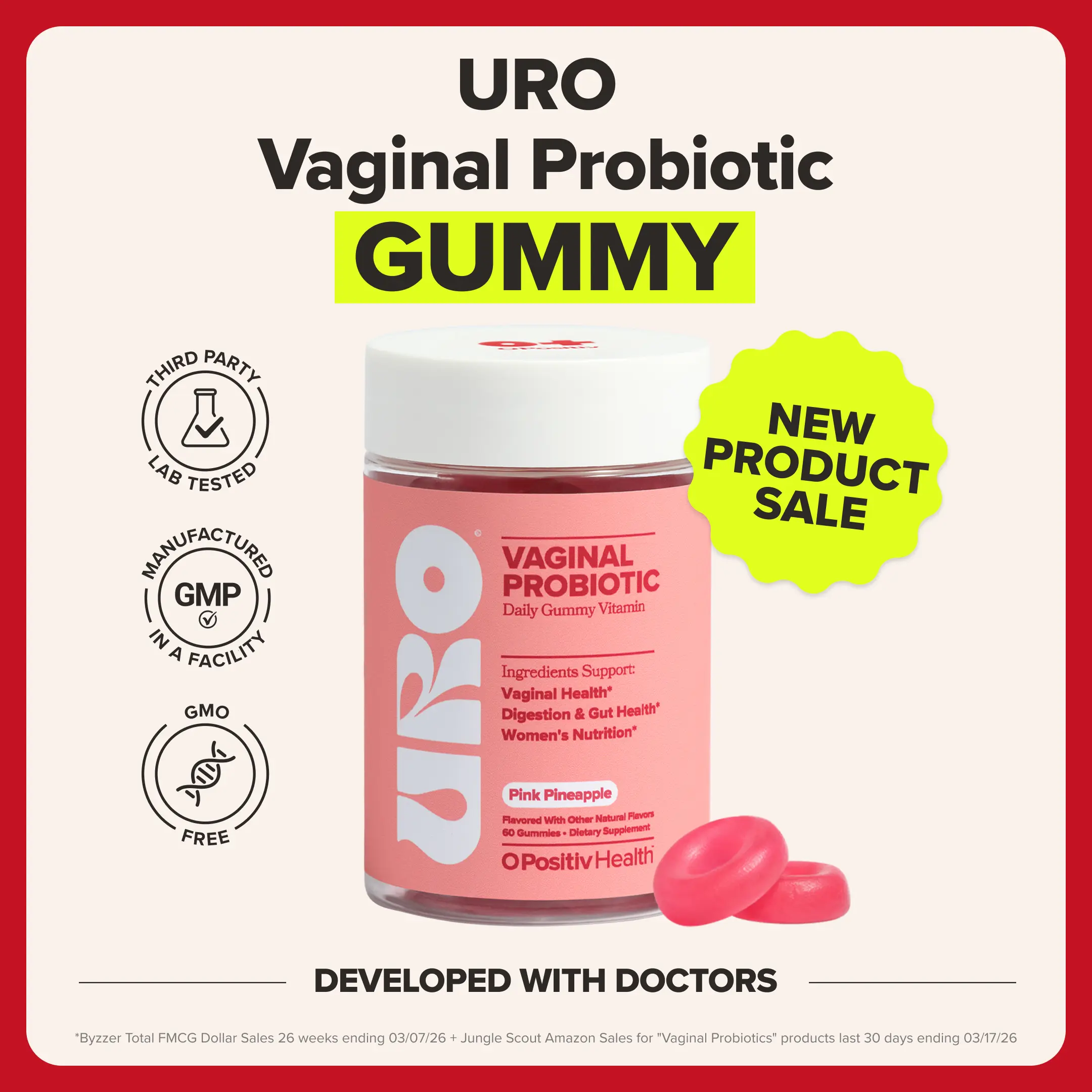 URO - Probiotic Gummy - Prebiotic and Probiotic Gummies for Healthy pH Balance and Odor