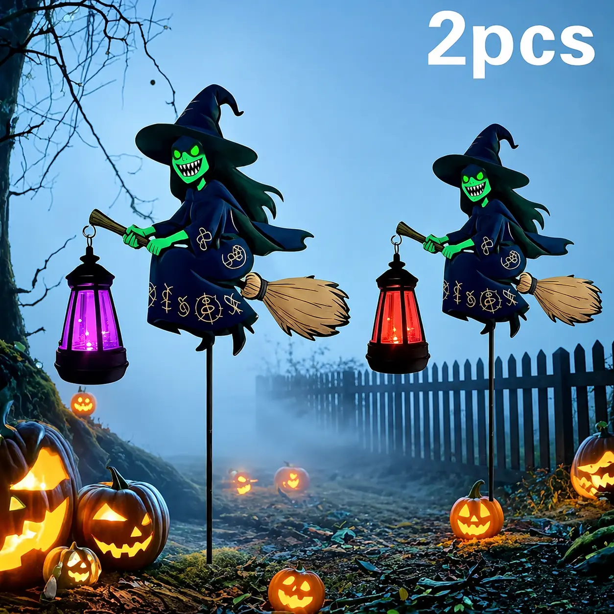 2 Pack Solar Witch Garden Stakes with Hanging Lanterns, Outdoor Yard Decor for Lawn Pathway Flower Bed Porch
