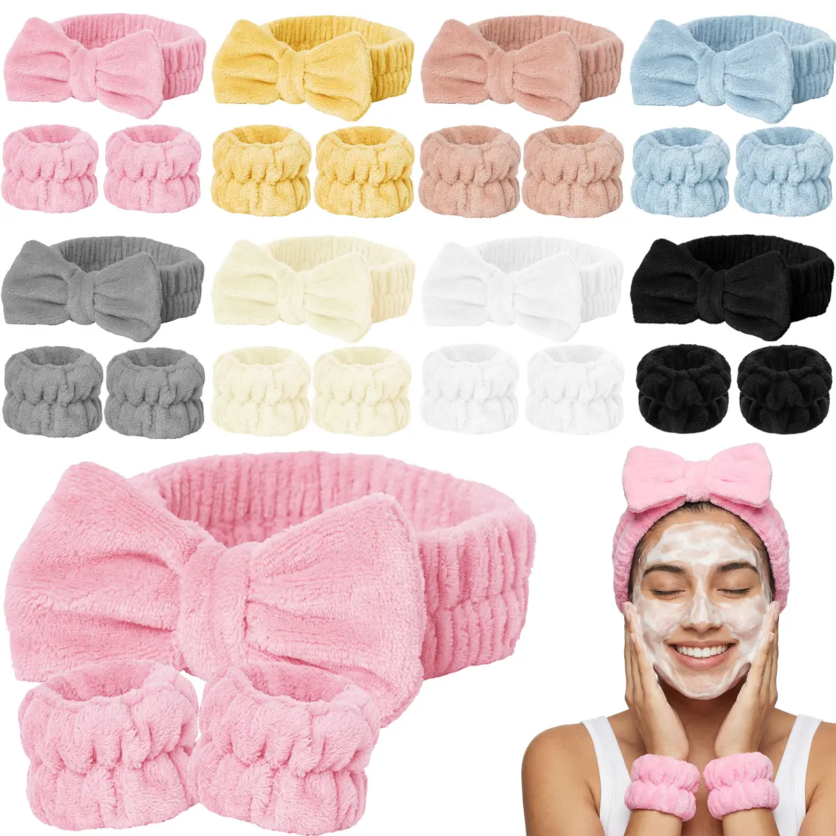 Face Washing Headband & Wristband Set – 2-Pack Soft Puffy Hair Band with Bow for Skincare, Makeup, Yoga | Absorbent Microfiber Coral Spa Band for Women Girls
