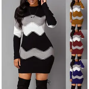 Mid-length Round Neck Long-sleeved Knit Bag Hip Bottoming Dress