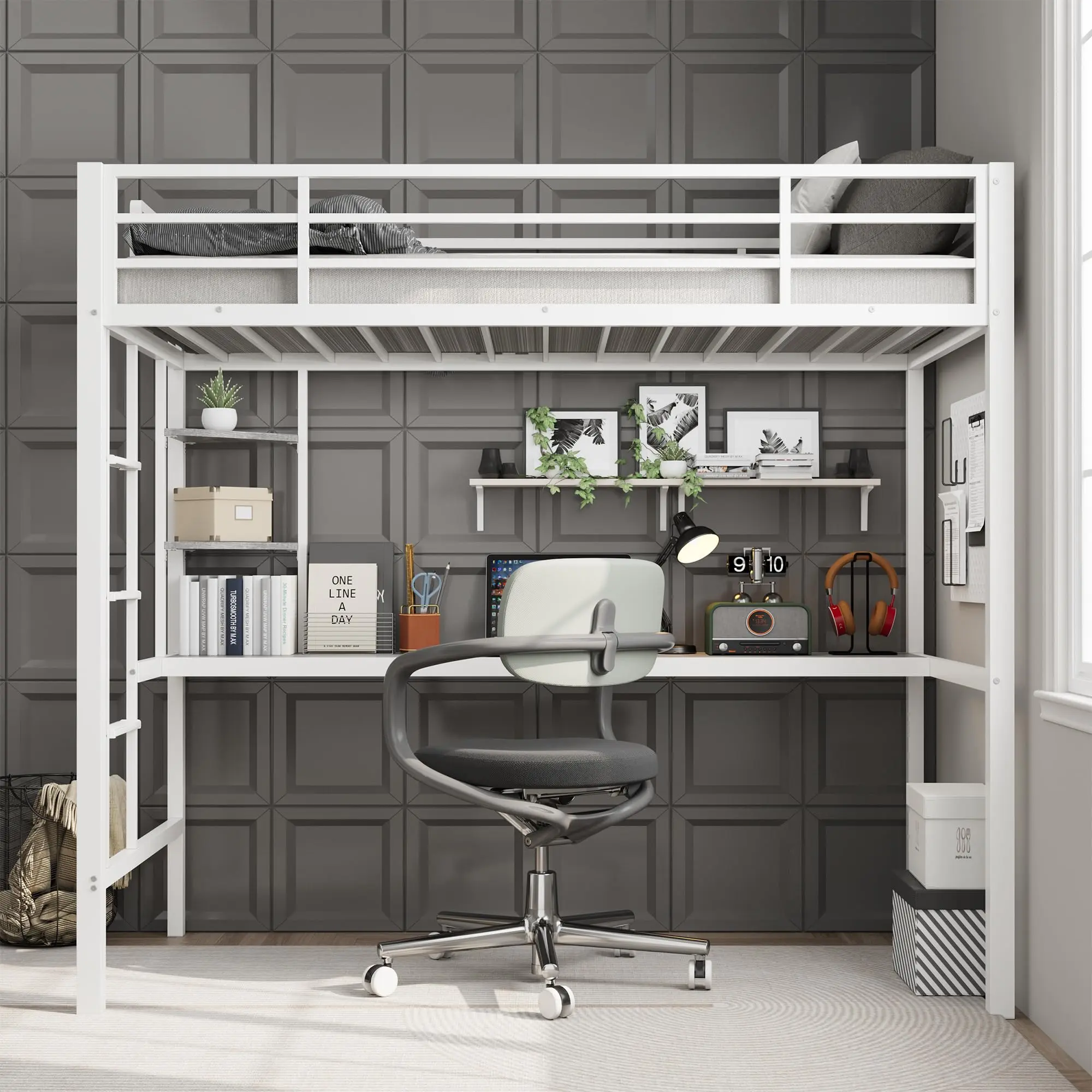 【GARVEE】Twin Size Metal Loft Bed with 74.8" Wide Desk, 2-Tier Storage Shelves, Heavy-Duty Steel Frame, Safety Rail, Ladder - Space-Saving, Easy Install for Kids - White/Brown/Black Options