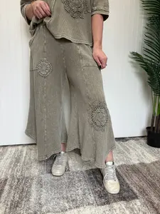 Faded Olive Crochet Patch Thermal Wide Leg Pants by Easel