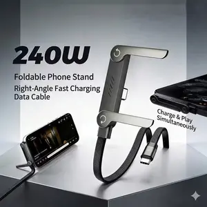 DarlingCase 240W Quick Charging Type-C to Type-C Cable with Multifunctional Stand | Fabric Cable, Dual Type-C Charging Ports, Compatible with iPhone 15-17 Series, Samsung S25 S24, Glossy End
