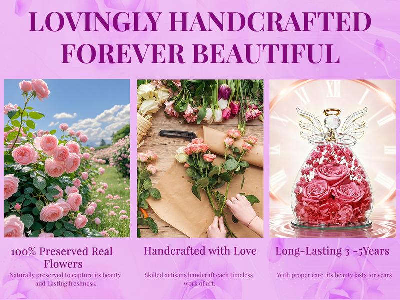 【Real Rose】DEEMEI Preserved Ross in Glass Angel Figurine Eternal Flower Valentine's Day Gift Idea for Her Mom Grandma Wife Women form Daughter