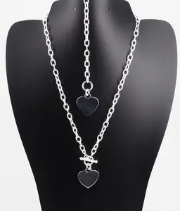 925 Solid Sterling Silver Dangle Engravable Heart Toggle 18 in Necklace & 7.5 in Bracelet Set – 2.75mm Rolo Chain