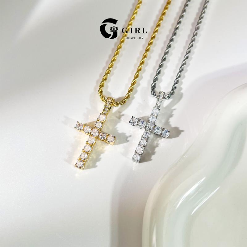 GGIRL Artificial Zirconium 18K Gold Plated Cross Pendant Necklace for Men Women Hip Hop Jewelry Stainless Steel 3/5mm Chain Fashion Jewelry Gift for Holiday Haul Christmas Birthdays Anniversaries