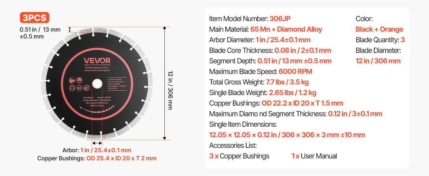 【BackToSchool】VEVOR 12 in Diamond Blades 3-Pack Concrete Saw Blade Set, 1 in Arbor Mount, 65Mn Steel Core, High-Hardness Diamond Segments, 0.12 In / 3 Mm Copper Bushing, 6000 rpm, Dry-Wet Cutting, Clean Edges for Concrete, Masonry, Brick