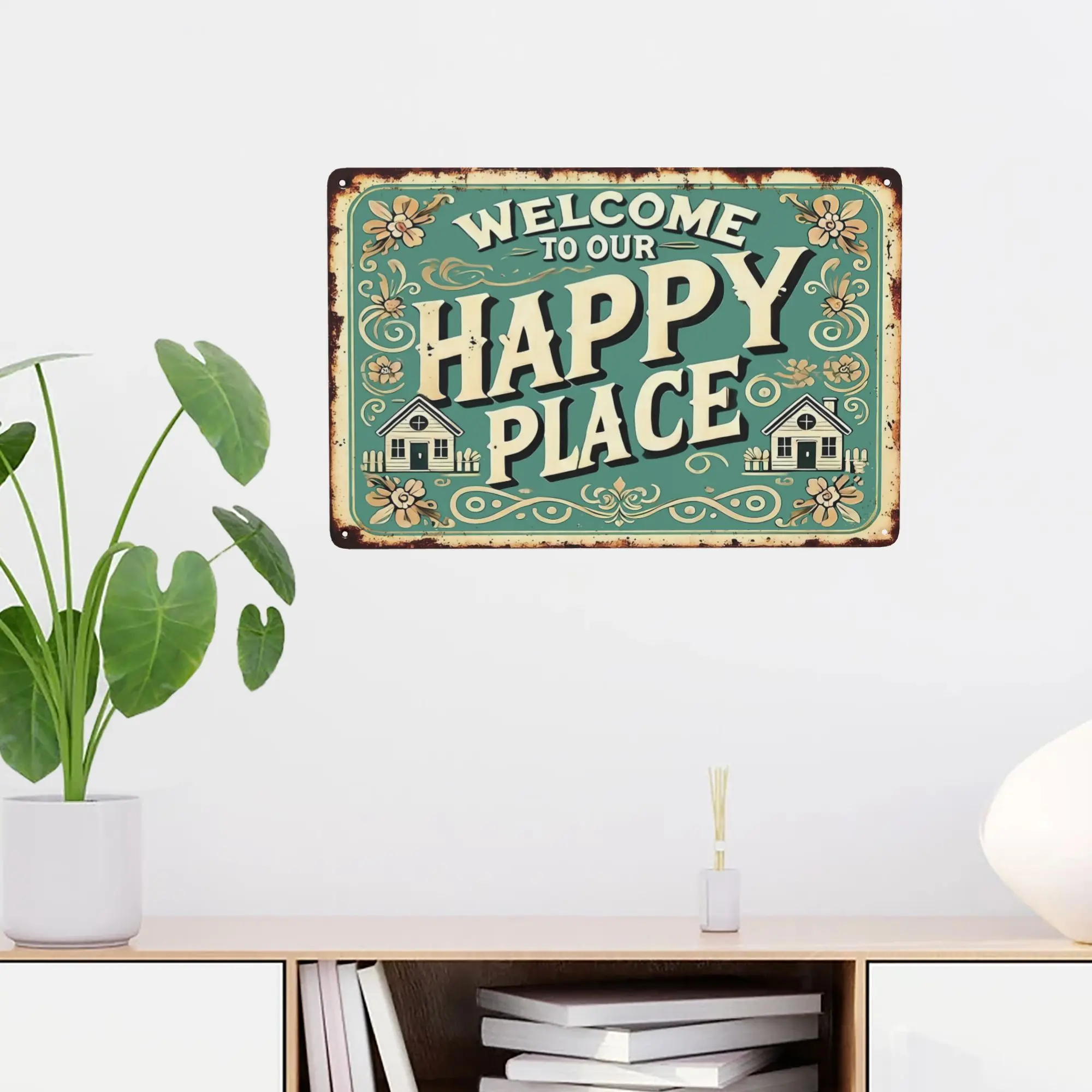 2D Flat, 1pc Aluminum "Welcome to Our Happy Place" Vintage Metal Sign. Distressed Teal & Floral Design, Featuring Cute House Illustrations, Waterproof & Weather Resistant, Suitable for Entryway, Living Room, Patio. Cheerful Gift for Homeowners & Family