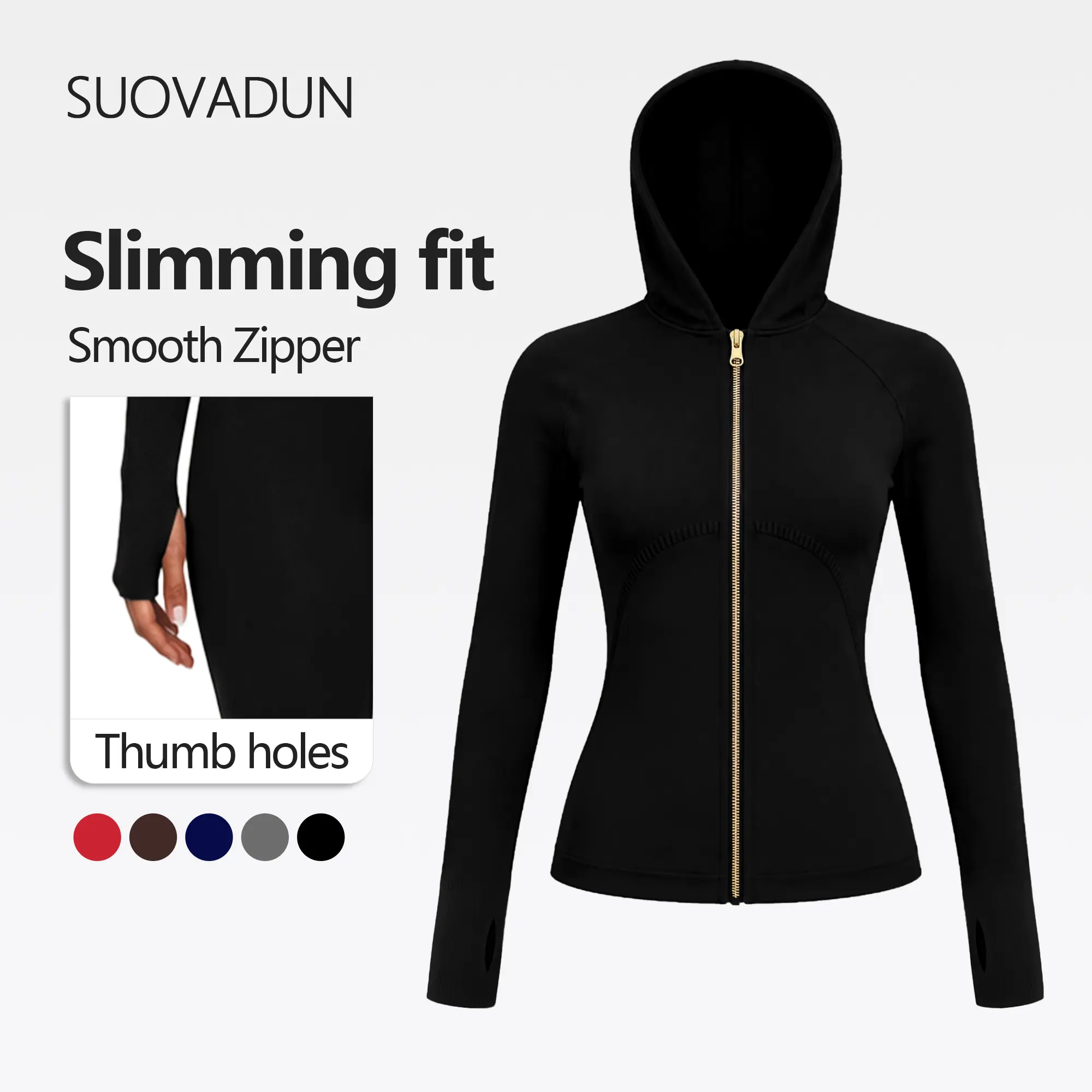 【Live Stream Discount】SUOVADUN Women Contoured Fit Zip Up Hooded Sports Jacket, Soft 4-Way Stretch Fabric With Thumb Holes, Slim Long Sleeve Active Outerwear Perfect For Yoga Running Gym And Daily Casual Matching Outfits XSL26091
