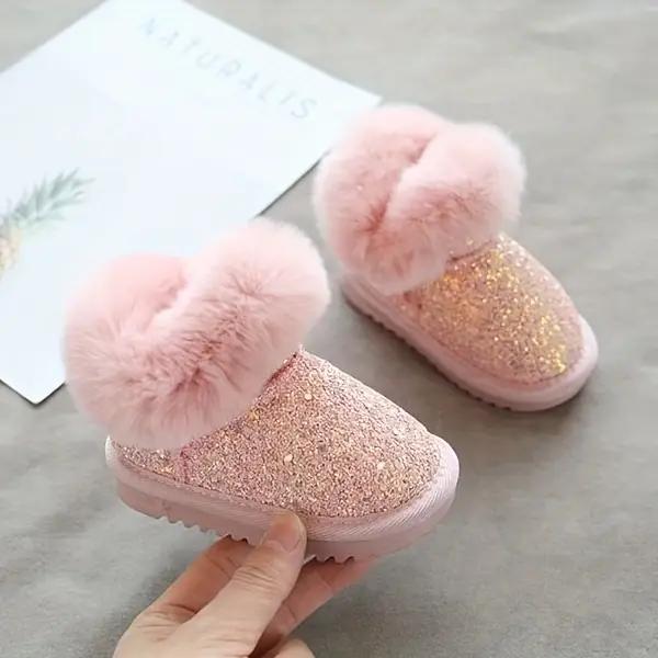Baby Girl Sparkly Snow Boots with Fleece-Lined Thickened Soft Sole, Glittery Pink Low-Top Winter Shoes with Heart Pom-Poms & Closure for Toddlers Infants Outdoor Play, Cute Cartoon Pattern Winter Boots zipper