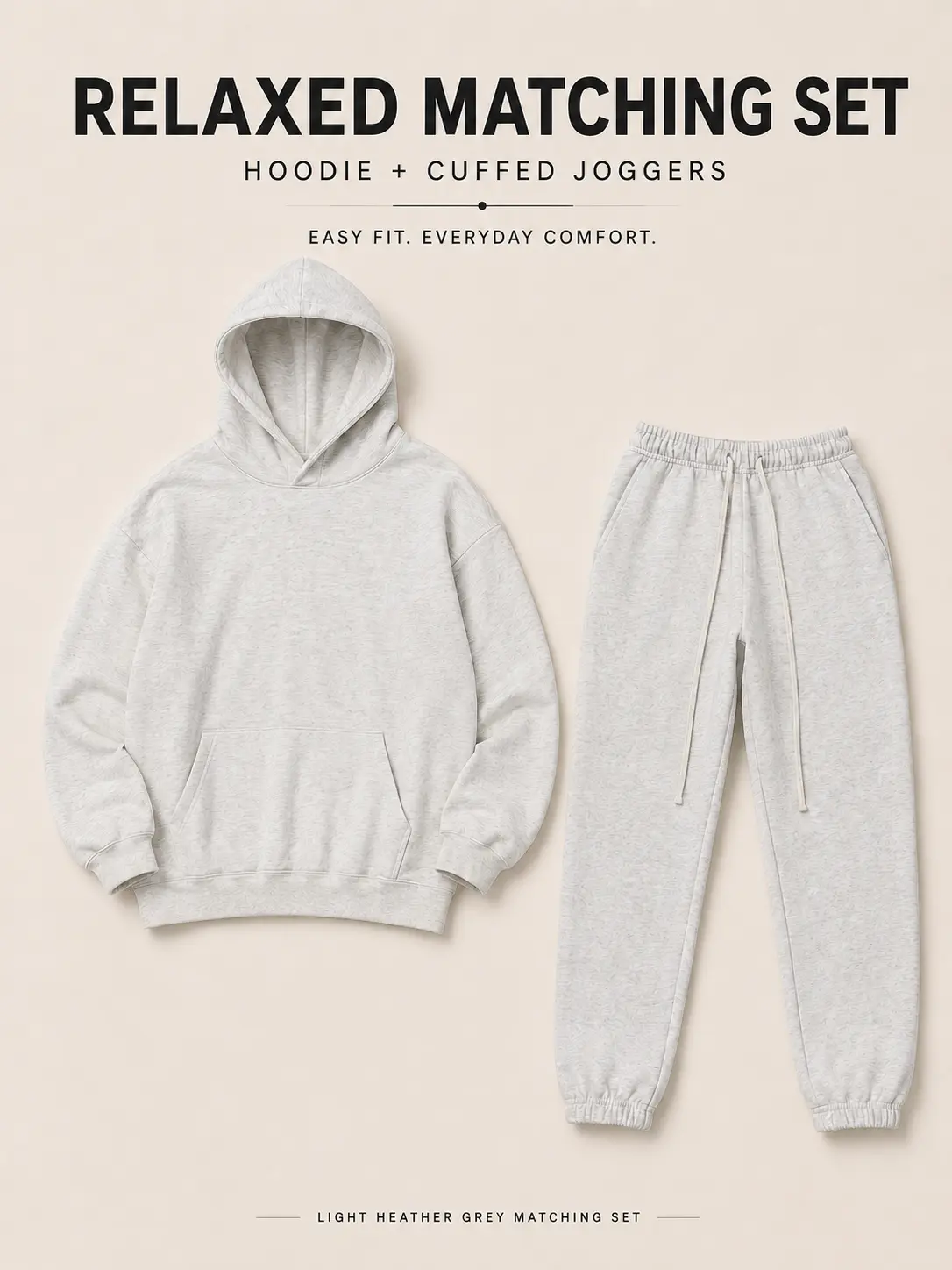 22 Men’s Light Grey Relaxed 2-Piece Sweatsuit Set - Pullover Hoodie & Cuffed Jogger Pants, Cozy Streetwear Casual Outfit