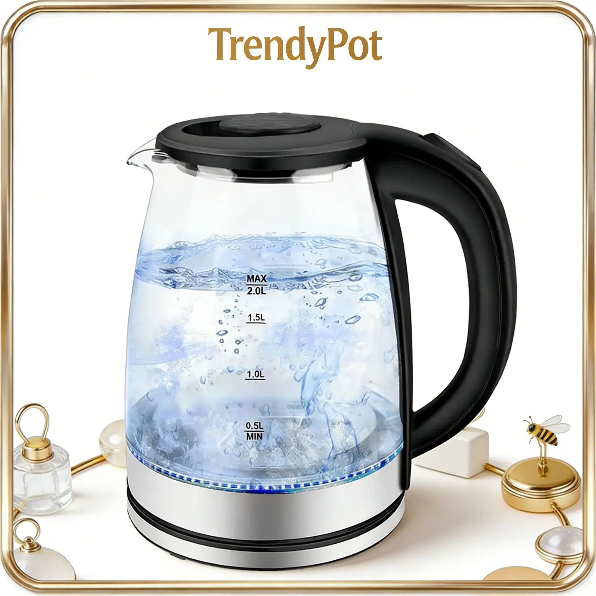 Hot Water Boiler,2L Electric Tea Kettle, Wide Opening Hot Water Boiler with LED Light, Auto Shut-Off & Boil Dry Protection, Glass Black with Removable Lid,Drip-Free Spout Kitchen Outdoorfun Household Appliances Heaters, Family, Stainless Steel, One-Touch