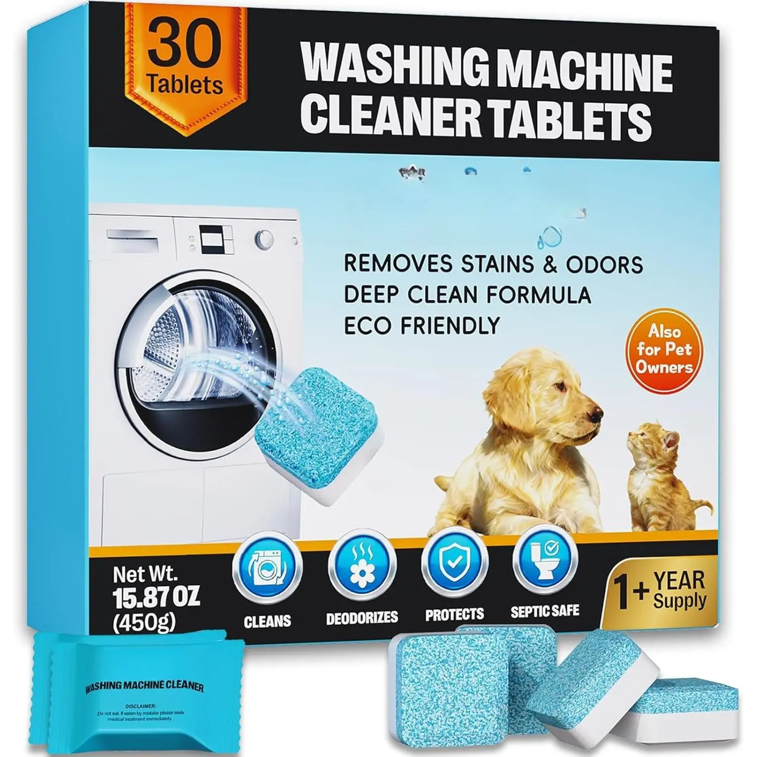 Washing Machine Cleaner Tablets - 30 Pack, 1+Year Laundry Use, Fits  Washers, Cleaning Drum & Tub Seal Removes Limescale, Odors & Buildup, Eco-Safe, -Free, -Friendly, Septic Safe