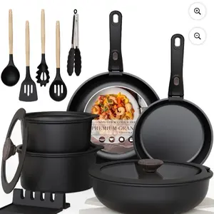 Astercook 20-Piece Pots and Pans Set, Nonstick Cookware Set with Detachable Handles, Oven & Dishwasher Safe, Induction Compatible, Stackable RV Kitchen Cooking Set, Black