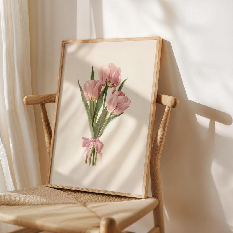 Coquette Tulips Bouquet Print, Pink Girly Aesthetic Wall Art, Y2K Cute Coquette Decor, Blush Pink Bow Poster, 5 Size, 8x12 to 27x40 inch, Room Decor, Unframed