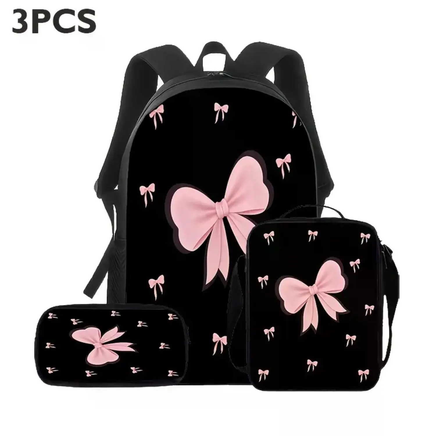 3-Piece Coquette Backpack Set for Girls and Teens - Pink Bow Design with Matching Lunch Bag & Pencil Case