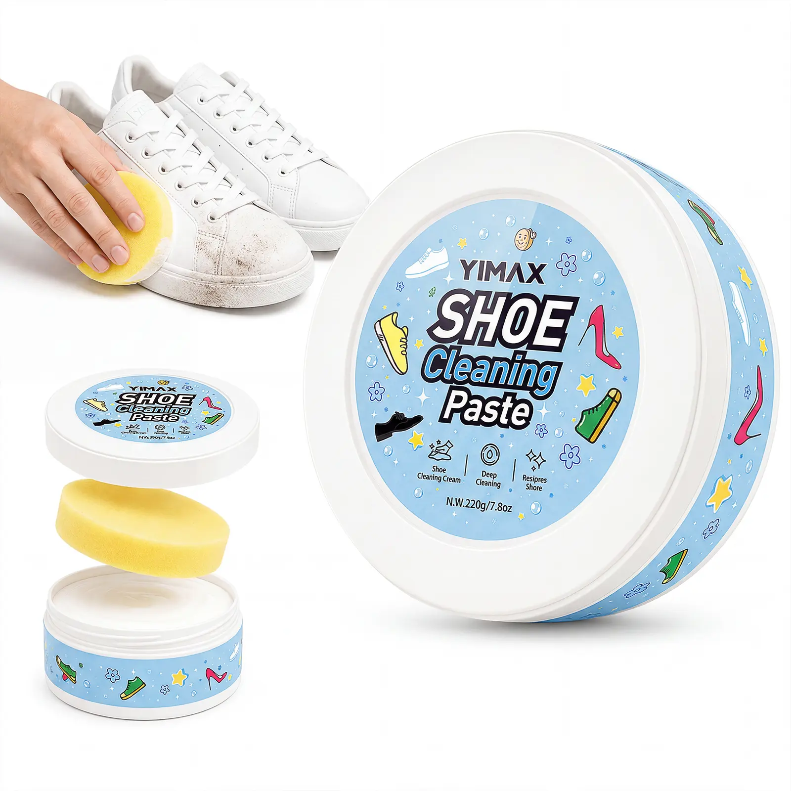 Sports Shoe Cleaning Cream - White Compact Solid Paste with Sponge, No-Wash Multipurpose Stain Remover for Leather, Sneakers, Footwear, Gym, Backpack, Leak-Proof, Pocket-Sized, Sponge-Head Design, Home, Office, Unisex Users