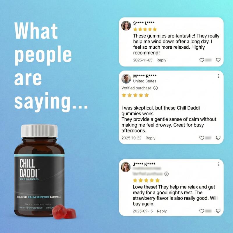 Chill Daddi - Premium Calm Support Gummies - Strawberry Flavor, 60 Count - L-Theanine, GABA & Magnesium Supplement - Dietary - Vitamin