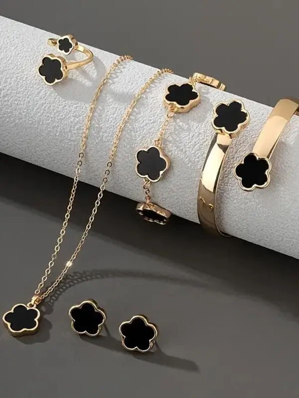 Flower Design Jewelry Set, Gifts for Girlfriend Elegant Necklace & Bracelet & Bangle & Ring &Stud Earrings,Prom Jewelry, Fashion Cute Jewelryfor Party, Daily Decor, Trendy All-match & Exquisite Jewelry for Birthday Gift #Summervibes