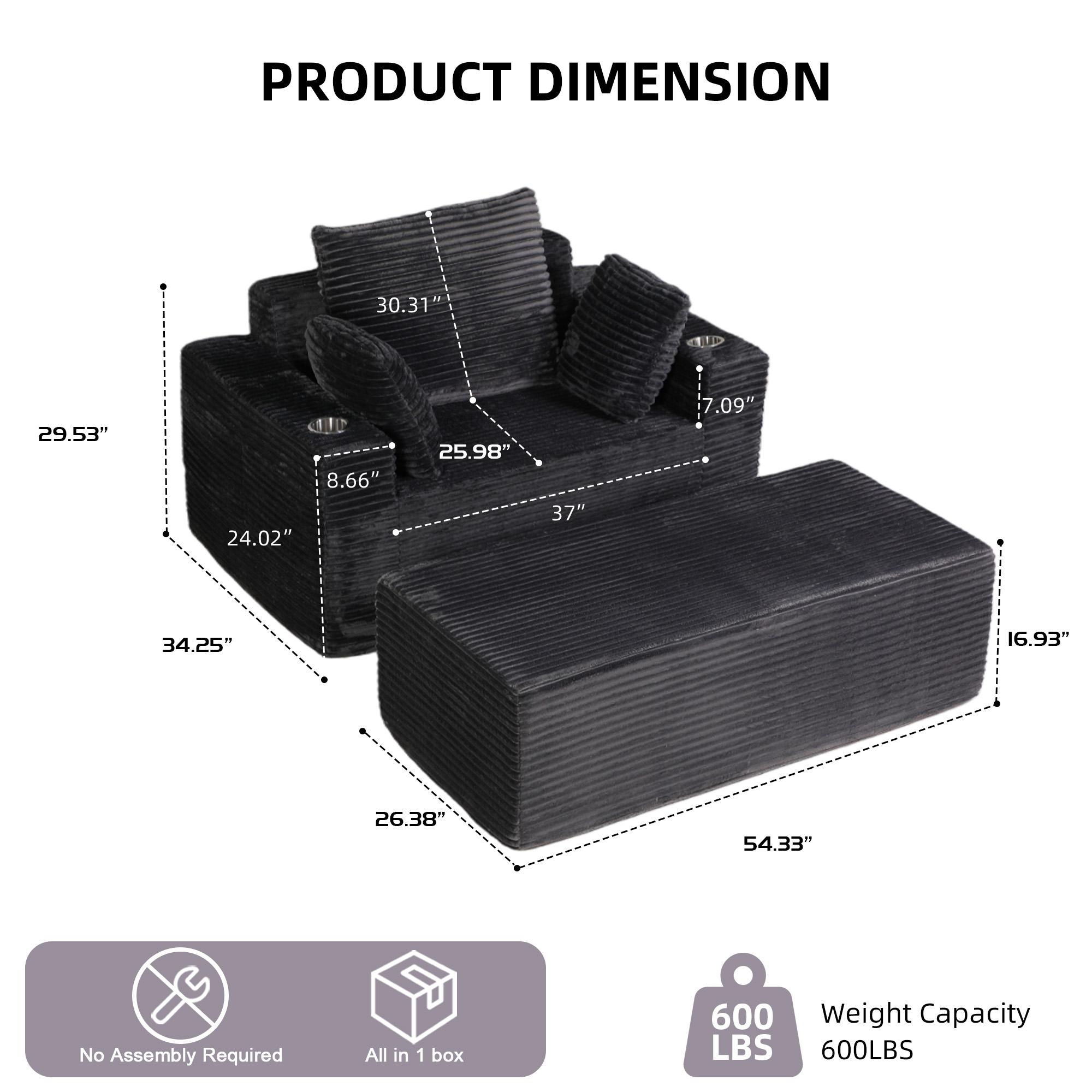 QAK 54" Boneless Chaise Lounge, Upholstered Sofa Bed with Cup Holder and Side Pockets, Indoor Leisure Lounge Chair, Luxury Plush Corduroy Chair Bed for Living Room, No Assembly Required