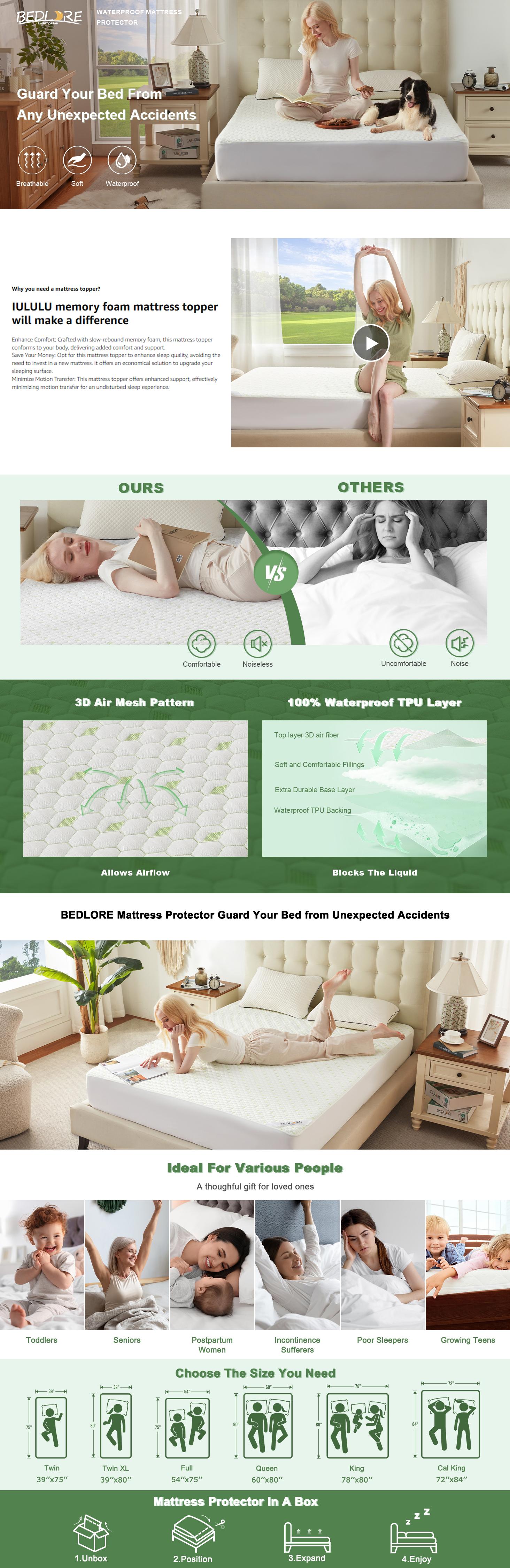 SpringGlowUp【BEDLORE】Luxury Honeycomb Waterproof Fitted Sheet: Ultra Soft & Breathable Hotel-Quality Bedding, Non-Slip Mattress Protector with Deep Pockets (8"-15"), StayCool & Noiseless, Machine Washable Easy Care