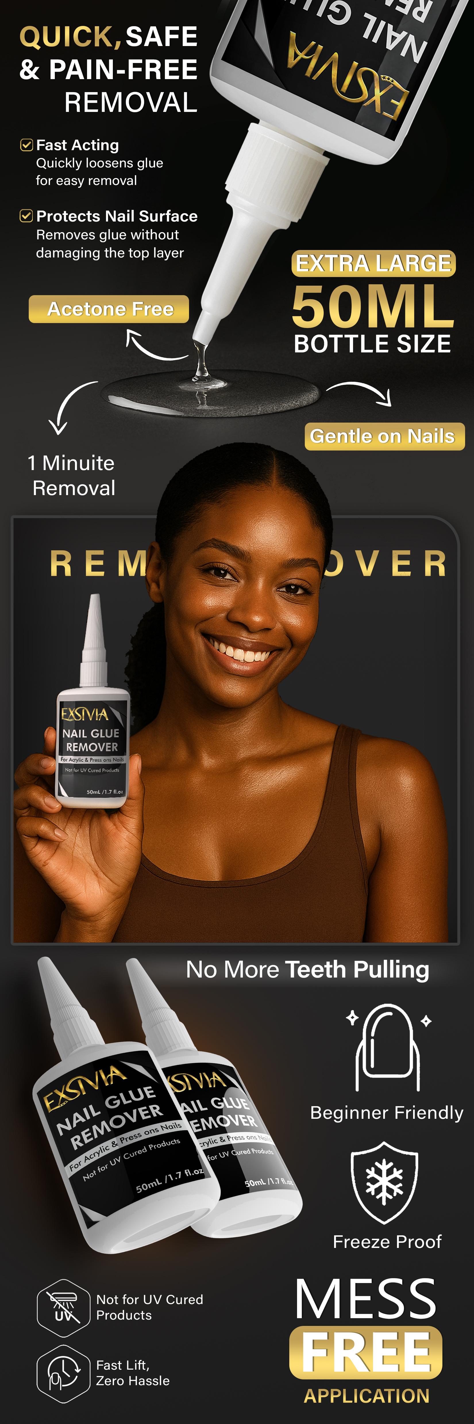 EXSIVIA Nail Glue Remover for Press-On Nails, Glue Residue Remover, 50mL