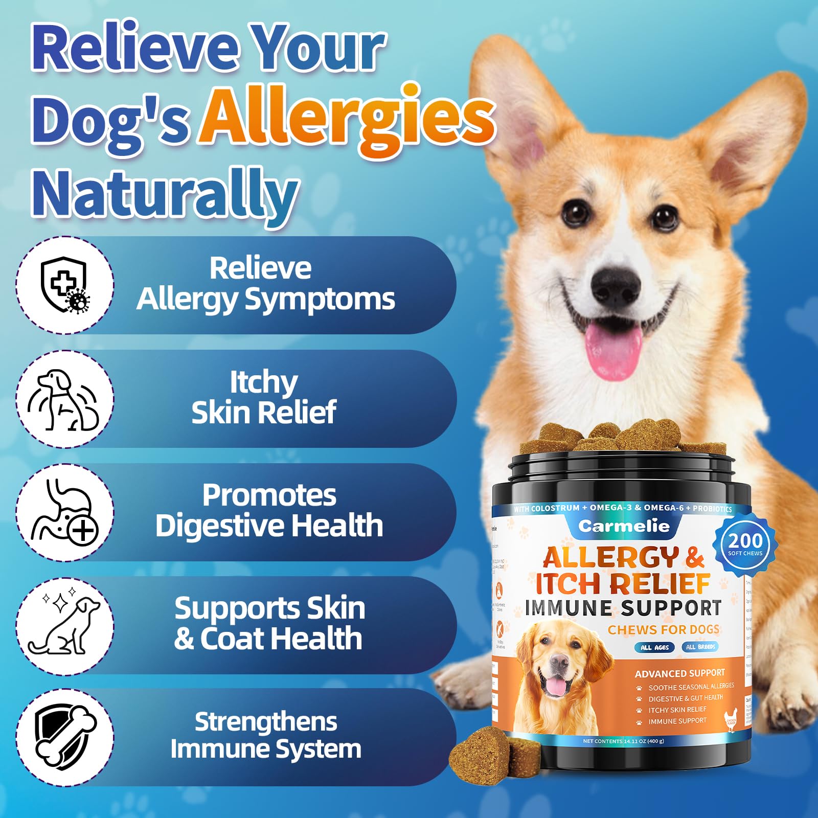 Carmelie Allergy & Immune Chews for Dogs – Itch Relief, Skin & Coat & Seasonal Allergy Support – Dog Vitamins with Colostrum, Prebiotics, Probiotics, Apple Cider Vinegar & Vitamin C – Chicken Flavor, 200 Soft Chews