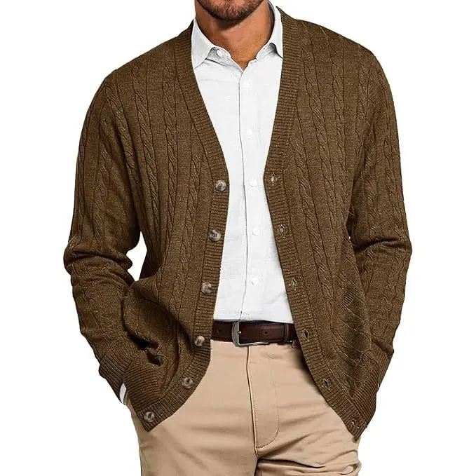 Runcati Mens Cable Knit Cardigan Sweater V Neck Casual Button Down Sweaters Long Sleeve Fall Outwear with Pockets