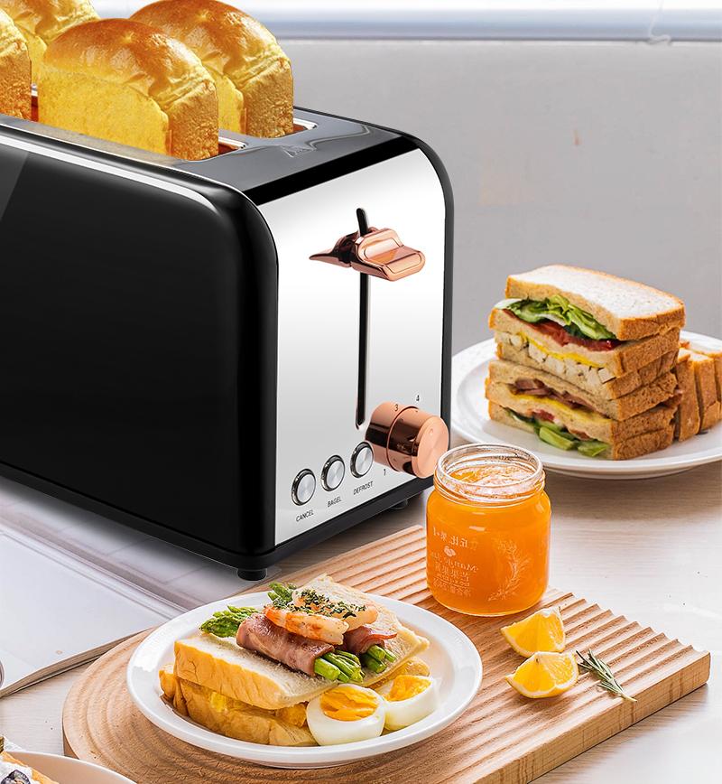 Pukomc Toaster 4 Slice with Wide Slots for Bagels, Waffles & Toast, 6 Browning Levels, Stainless Steel, WT-8500 Black (1500W) Breakfast Sandwich Maker Toastie Machine Kitchen Appliances