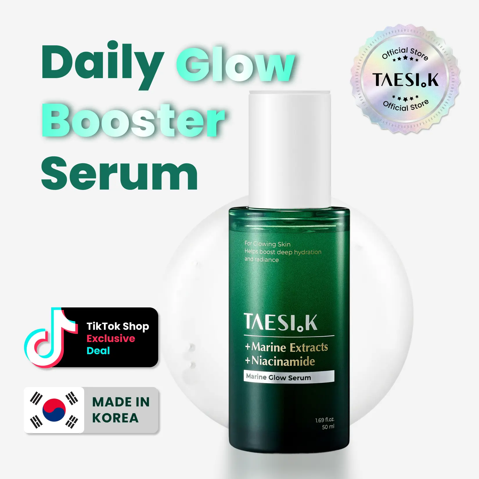 [TAESI.K] Daily Glow Boosting Serum 50ml - Korean Skincare Moisturizer with Marine Complex & Niacinamide for Deep Hydration, Inner Glow, Cooling Soothing Care for Dull & Dry Skin