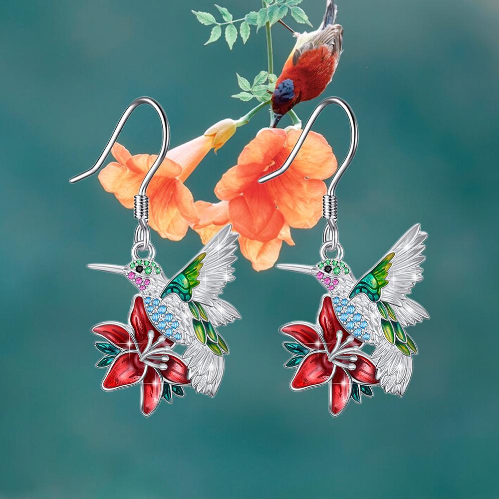 Adults' Korean-Style Hummingbird Drop Earrings - Colorful Silver-Tone Alloy Jewelry with Crystal Water Droplet Pendants