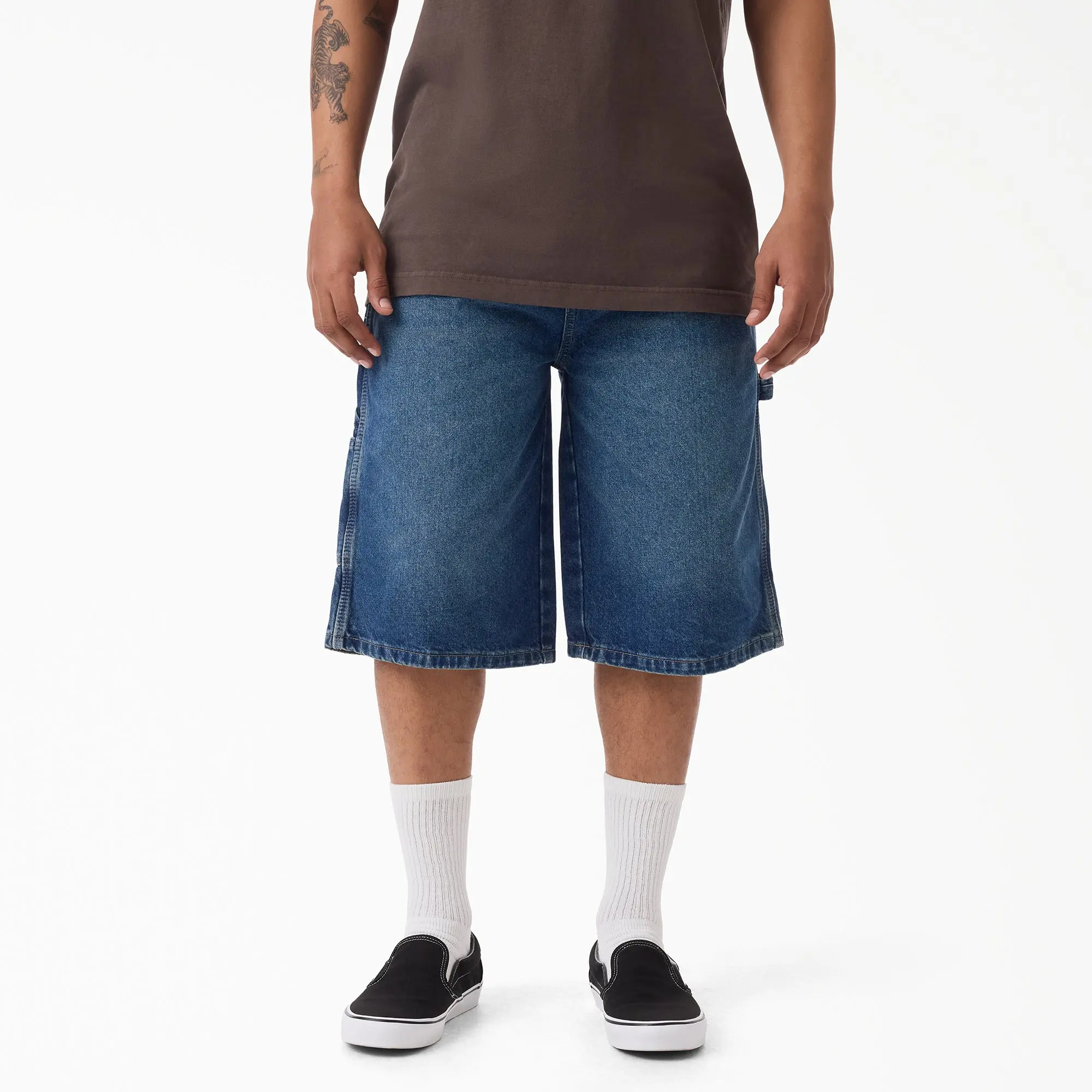 Dickies Worn In Relaxed Carpenter Denim Shorts, 13", 100% Cotton, Relaxed Fit Utility Pockets, Workwear Utility Cold Weather Style
