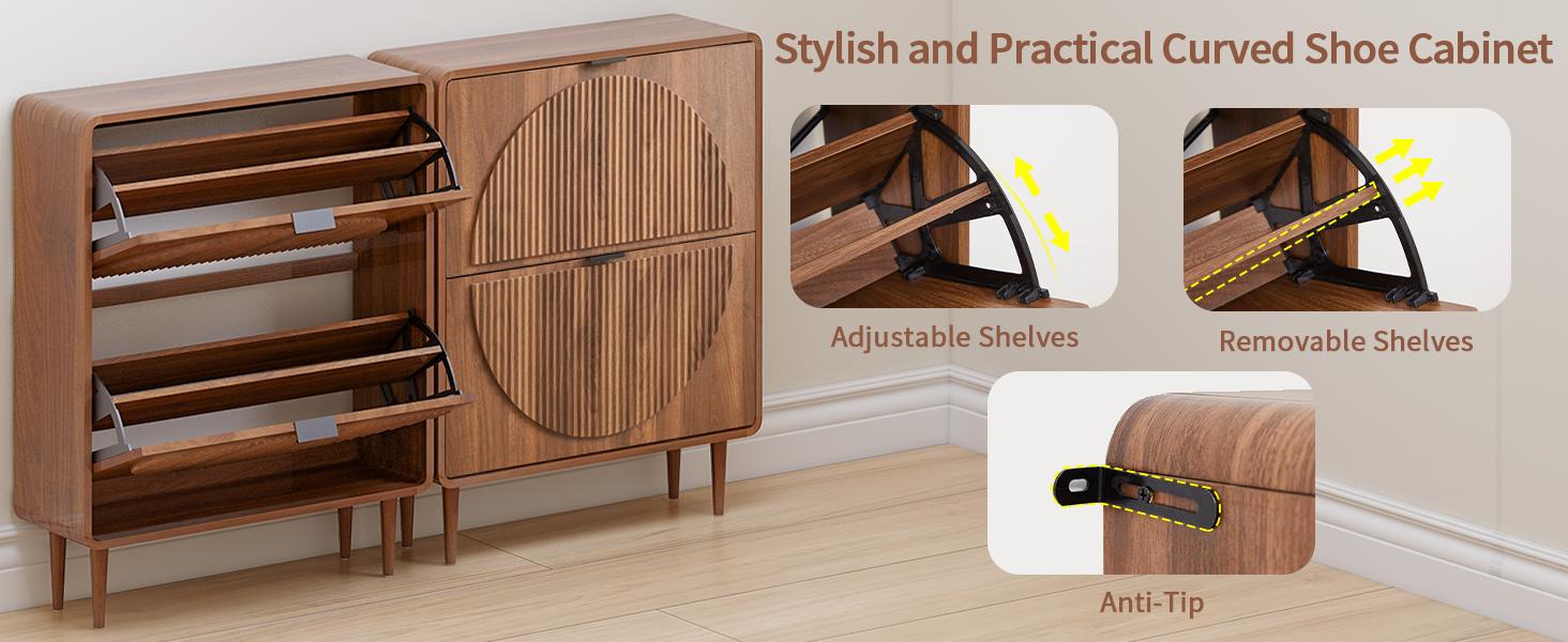 Giratree Modern Wooden Shoe Cabinet for Entryway, Slim 2-Tier Flip Drawers with Hidden Storage, Freestanding Narrow Shoe Organizer, Elegant Half-Moon Fluted Design, Perfect for Hallway or Small Apartments Giratree Modern Wooden Shoe Cabinet for Entryway, Slim 2-Tier Flip Drawers with Hidden Storage, Freestanding Narrow Shoe Organizer, Elegant Half-Moon Fluted Design, Perfect for Hallway or Small Apartments