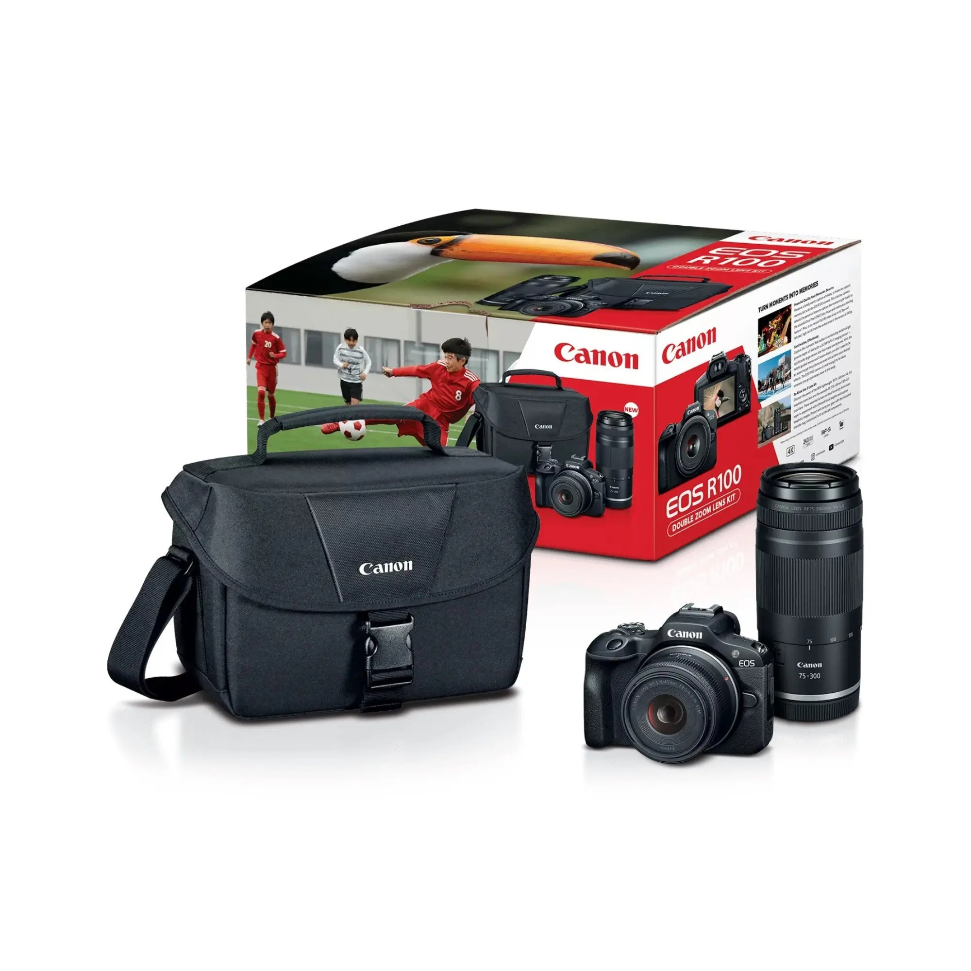 Canon EOS R100 WiFi Bluetooth Remote CMOS Mirrorless Camera Kit with RF-S18-45mm IS STM Lens, RF75-300mm f/4.5-f/6.3 Lens, 24.1M Pixels, Auto Focus, Image Stab., DIGIC 8 Image Processor, High-Quality Imaging