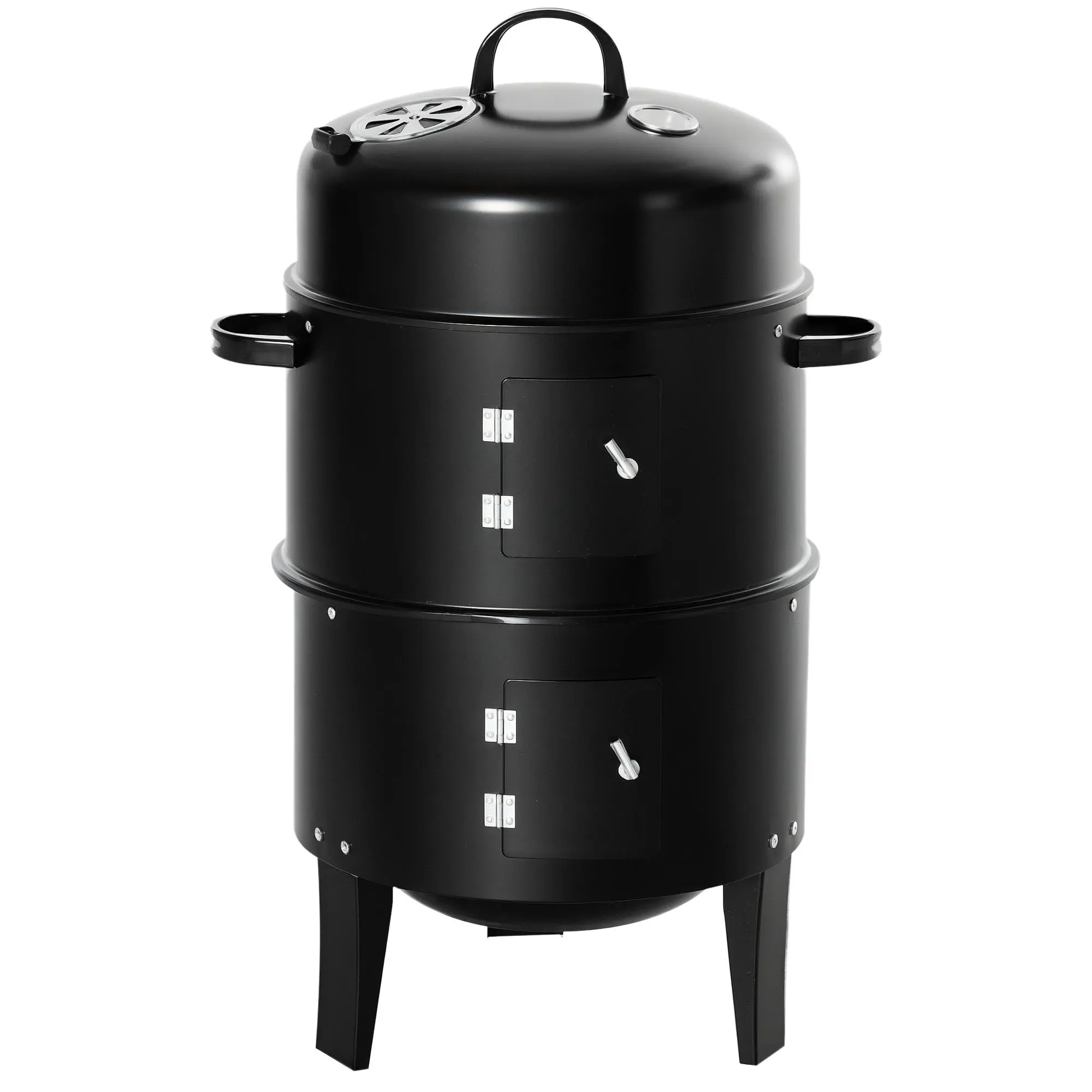 Outsunny 3-in-1 Multi-Use Charcoal BBQ Grill-Smoker, 16-in Round Stainless Steel Outdoor Grill with Fire Pit, Lid, 2 Dual Rack Cook Racks, Handles, Thermometer, Adjustable Vent, Wood-Compatible, Black, Outdoor Grills