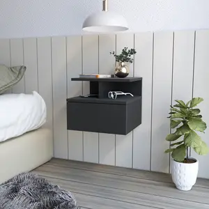 Flopini Floating Nightstand Modern End Table with One Drawer Black Wengue Finish Wall Assembly Storage Shelf for Any Room 14" W x 10.8" D Top Shelf