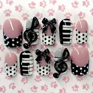 Musical Piano Press On Nails with 3D Bow & Polka Dot Coquette Art, Handmade Black White Nail Set for Music Lovers, Cute Piano Theme Fake Nails, Birthday Gift for Pianist, Concert Recital Nails, Elegant Coquette Aesthetic
