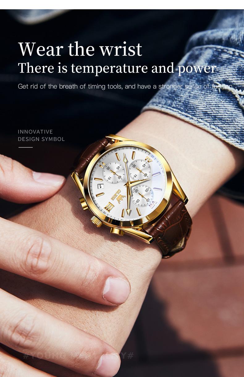 OLEVS Watch for Men Leather Casual Chronograph Analog Dress Strap Waterproof Luminous Fashion Easy to Read Gold Case Mans Watches