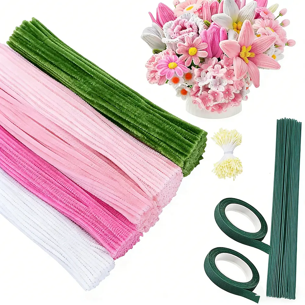 500-Piece Assorted 5-Color Pink Chenille Stems Pipe Cleaners DIY Craft Kit with Floral Wires, Gardening Tape, Stamens for Customized Craft, Handmade Bouquet Wrapping, Party Decorations