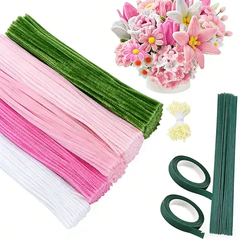 DIY Flower Making Kit - 500 Pieces 5-Color Assorted Pink Chenille Stems, Floral Wires, Gardening Tape, Stamens, No Battery Needed DIY Material for Customized Crafts, Gardening Projects